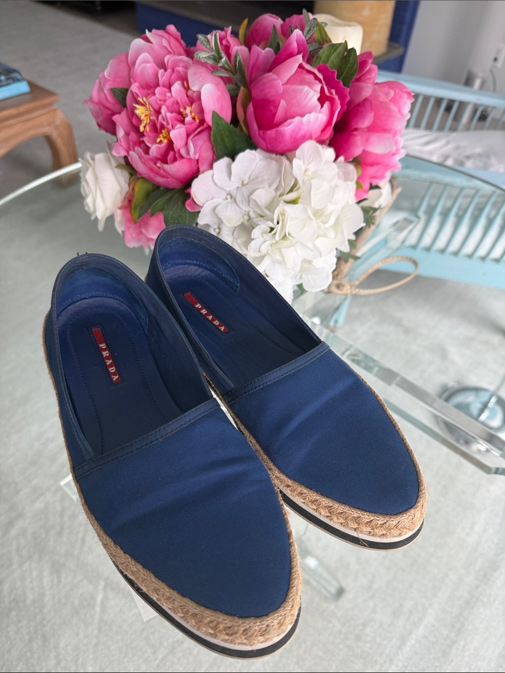 Prada Blue Espadrille Slip-On Flats Size 39.5 Beachy Summer Comes W/ Bag and Box